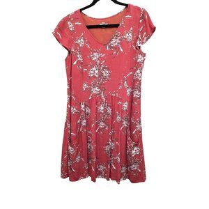 Garnet Hill Women's Floral Print Summer Cap Sleeve Dress Size 6 Coral & White V-